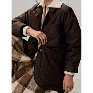 Anthropologie Maeve Dark Brown Quilted Puffer Jacket with Cream CollarSize M